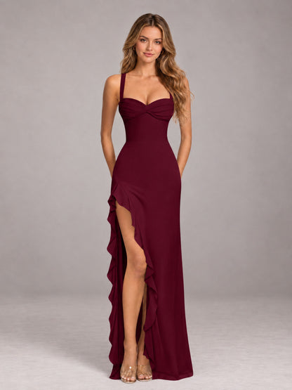 Burgundy Sheath Sleeveless Chiffon Long Bridesmaid Dress With Ruffles And Side Slit