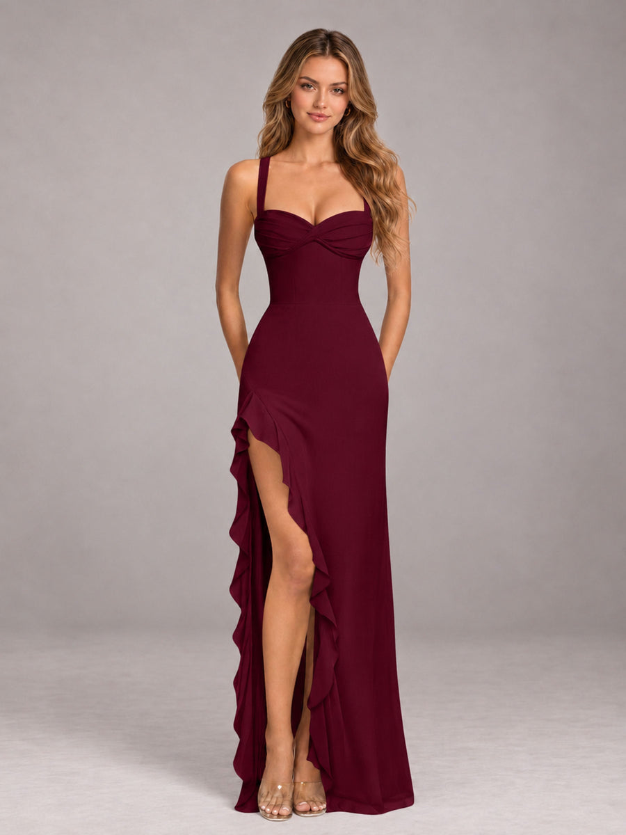 Burgundy Sheath Sleeveless Chiffon Long Bridesmaid Dress With Ruffles And Side Slit