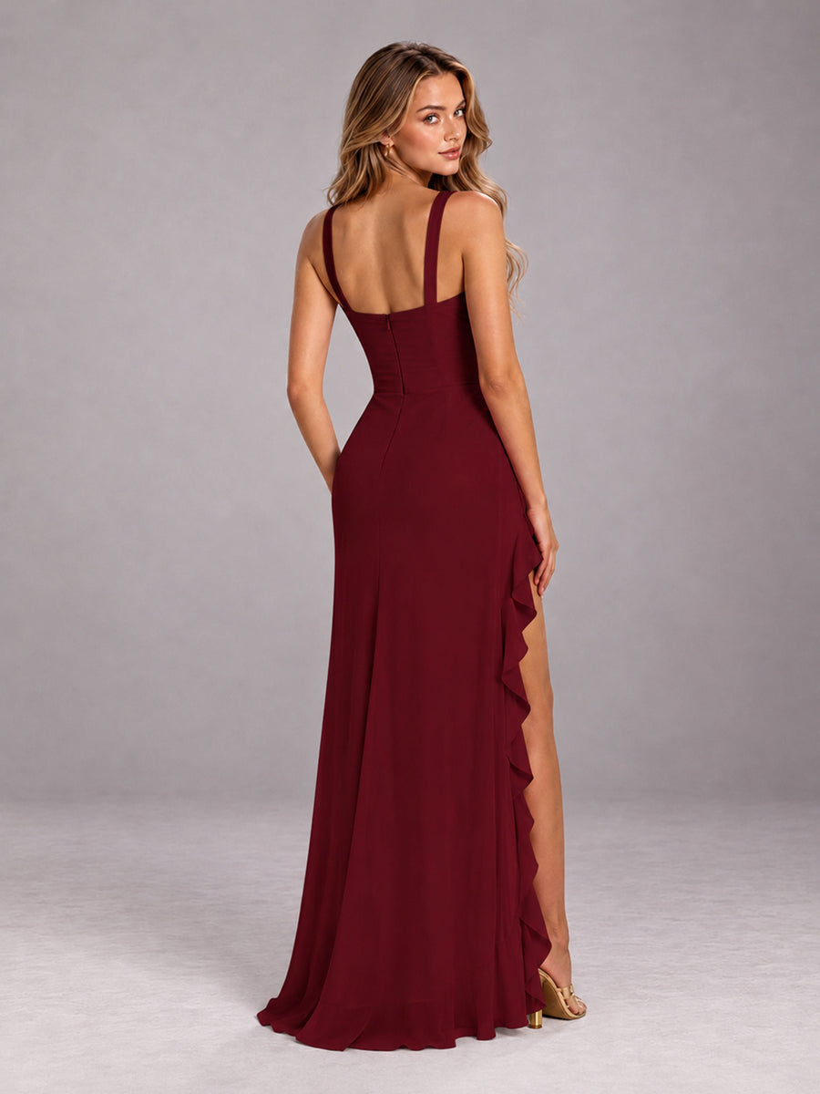 Burgundy Sheath Sleeveless Chiffon Long Bridesmaid Dress With Ruffles And Side Slit