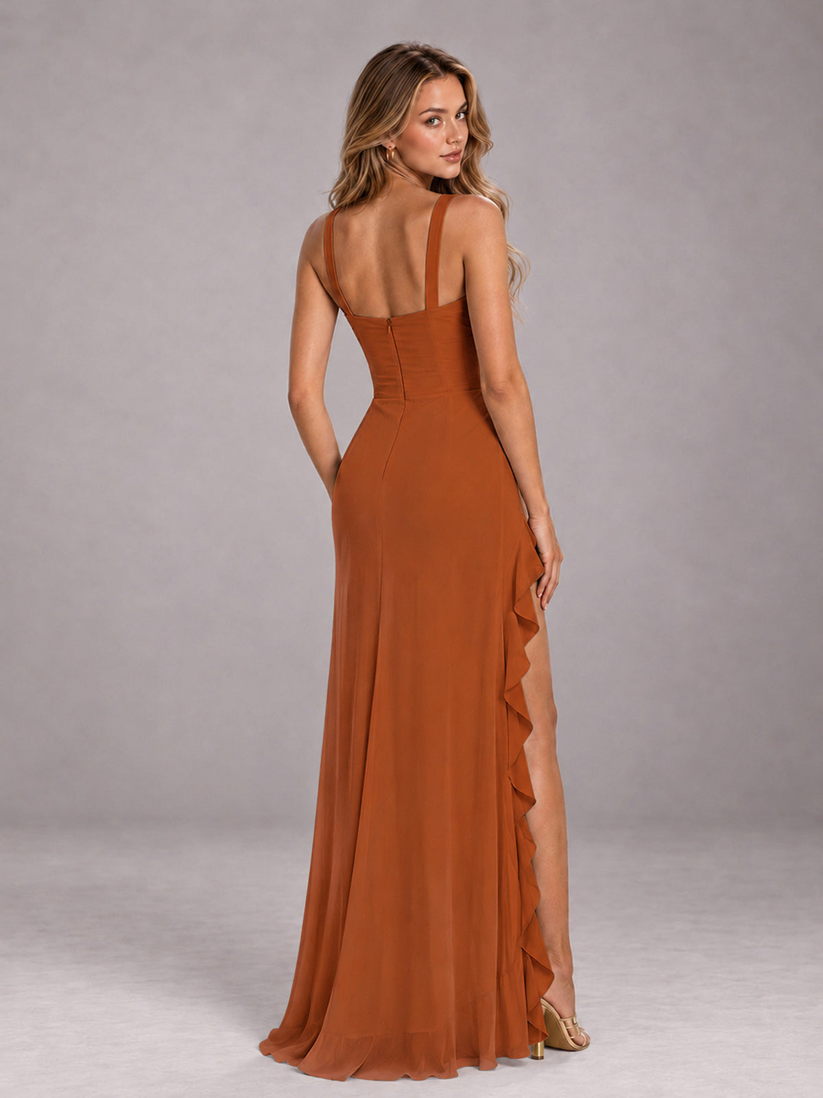 Burnt Orange Sheath Sleeveless Chiffon Long Bridesmaid Dress With Ruffles And Side Slit
