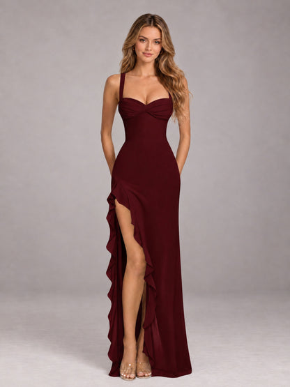 Cabernet Sheath Sleeveless Chiffon Long Bridesmaid Dress With Ruffles And Side Slit