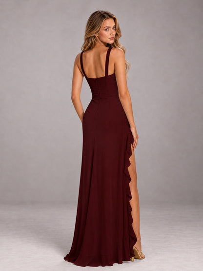 Cabernet Sheath Sleeveless Chiffon Long Bridesmaid Dress With Ruffles And Side Slit