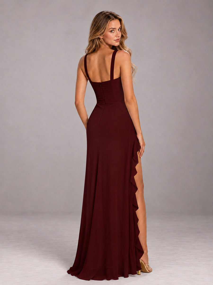 Cabernet Sheath Sleeveless Chiffon Long Bridesmaid Dress With Ruffles And Side Slit