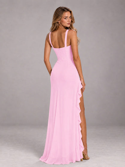 Candy Pink Sheath Sleeveless Chiffon Long Bridesmaid Dress With Ruffles And Side Slit