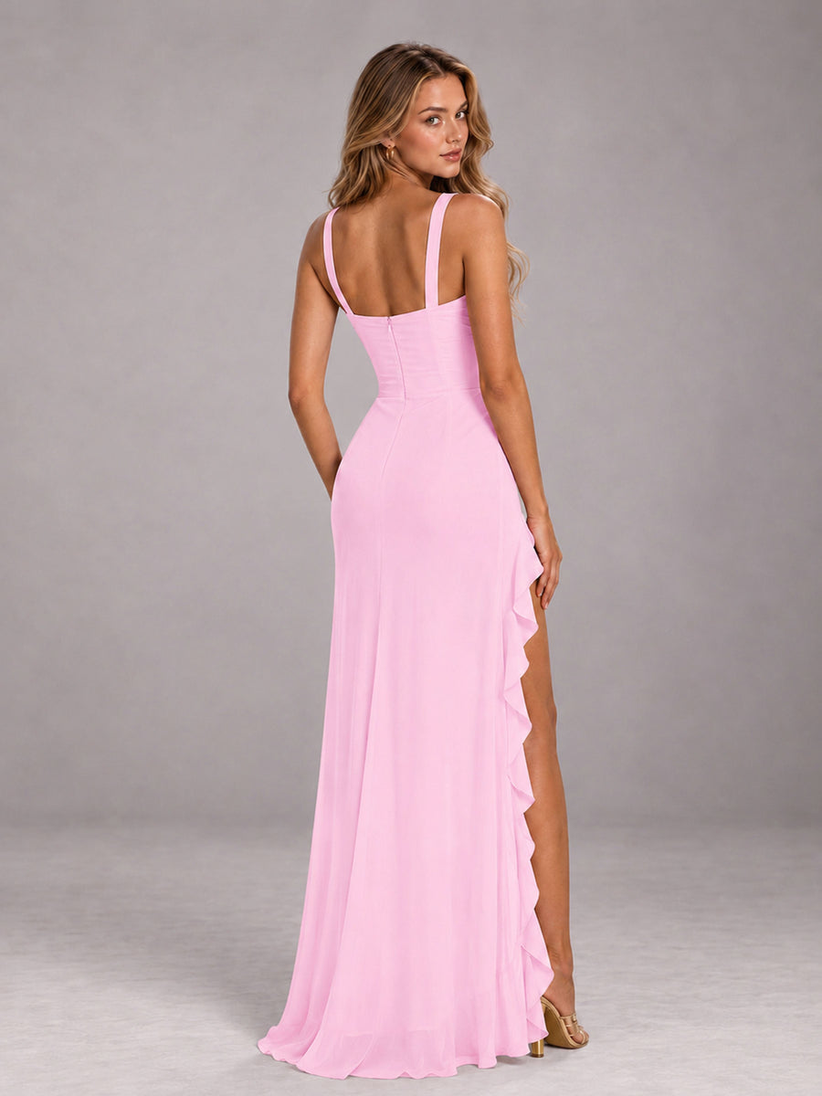 Candy Pink Sheath Sleeveless Chiffon Long Bridesmaid Dress With Ruffles And Side Slit