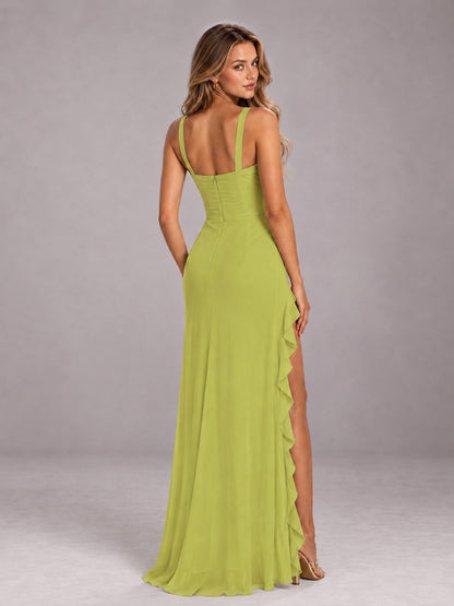 Chartreuse Sheath Sleeveless Chiffon Long Bridesmaid Dress With Ruffles And Side Slit