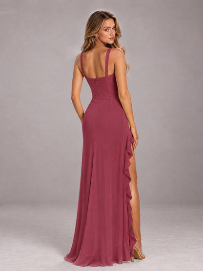 Cinnamon Rose Sheath Sleeveless Chiffon Long Bridesmaid Dress With Ruffles And Side Slit