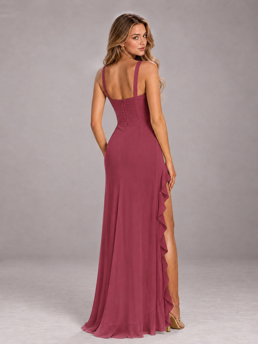 Cinnamon Rose Sheath Sleeveless Chiffon Long Bridesmaid Dress With Ruffles And Side Slit