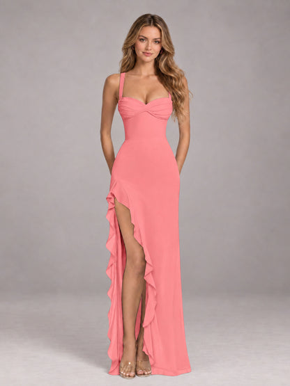 Coral Sheath Sleeveless Chiffon Long Bridesmaid Dress With Ruffles And Side Slit