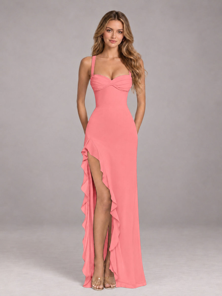 Coral Sheath Sleeveless Chiffon Long Bridesmaid Dress With Ruffles And Side Slit