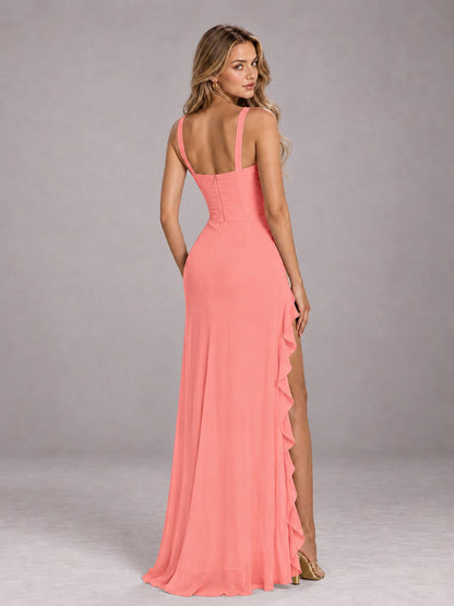 Coral Sheath Sleeveless Chiffon Long Bridesmaid Dress With Ruffles And Side Slit
