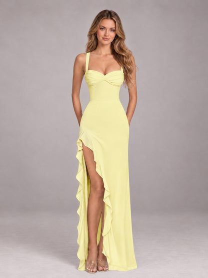 Daffodil Sheath Sleeveless Chiffon Long Bridesmaid Dress With Ruffles And Side Slit