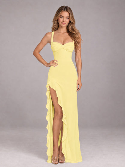 Daffodil Sheath Sleeveless Chiffon Long Bridesmaid Dress With Ruffles And Side Slit