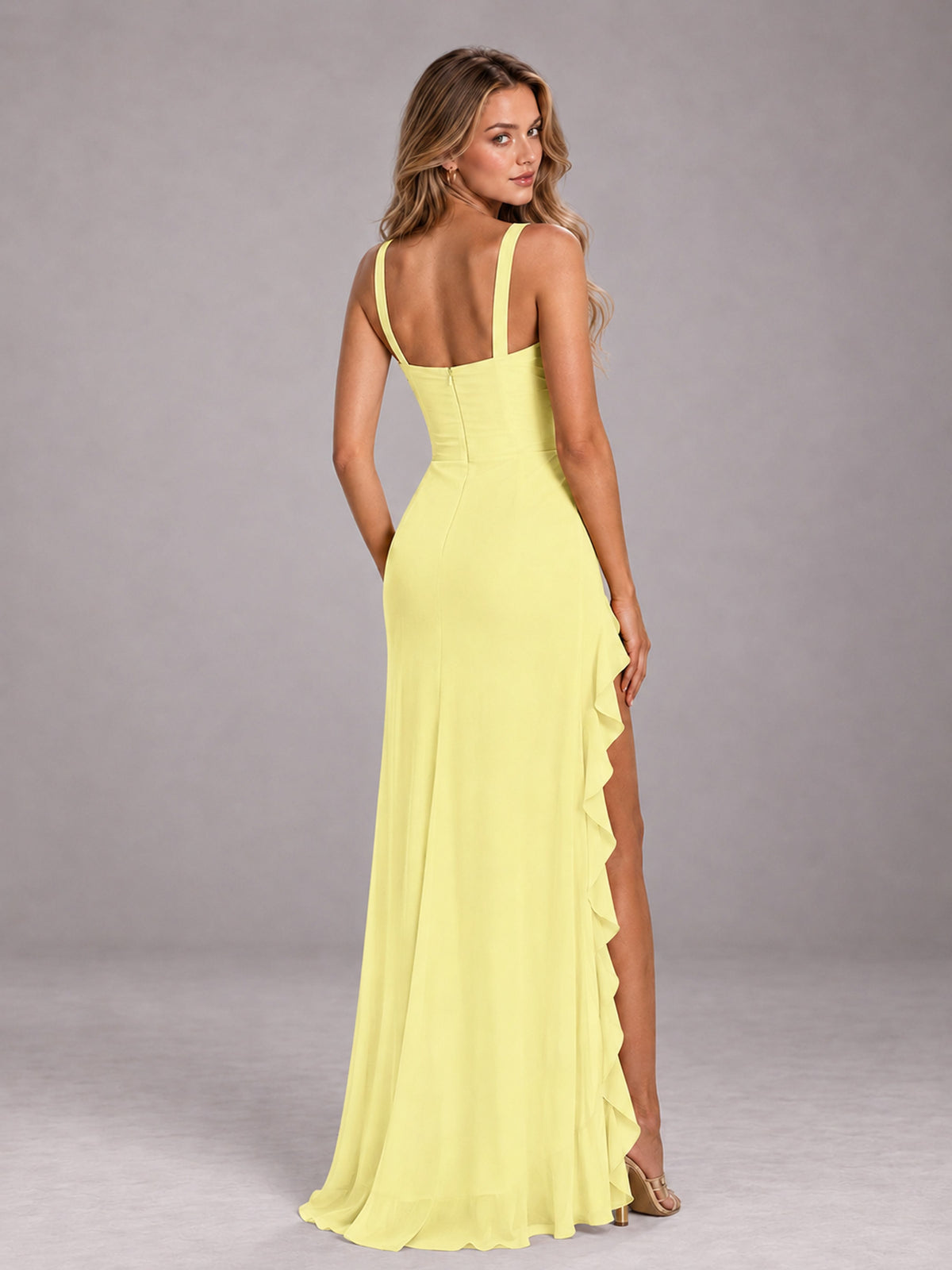 Daffodil Sheath Sleeveless Chiffon Long Bridesmaid Dress With Ruffles And Side Slit