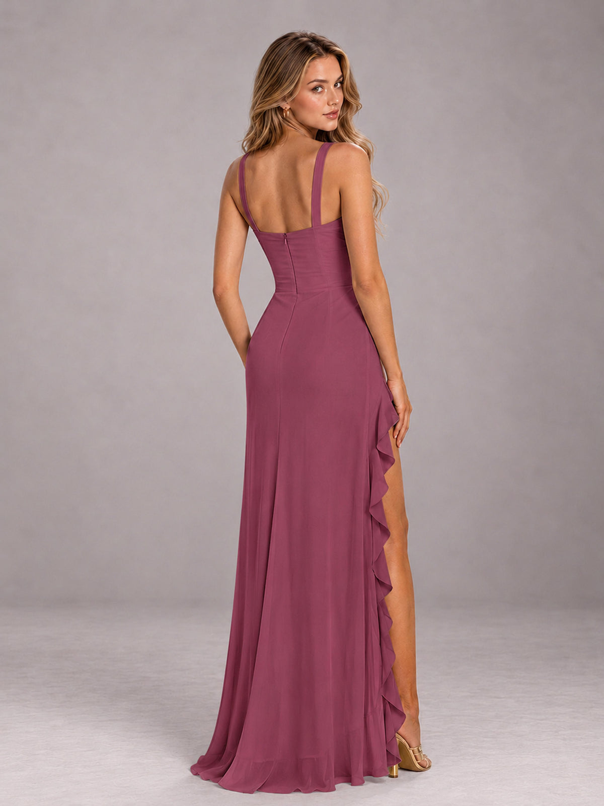 Desert Rose Sheath Sleeveless Chiffon Long Bridesmaid Dress With Ruffles And Side Slit