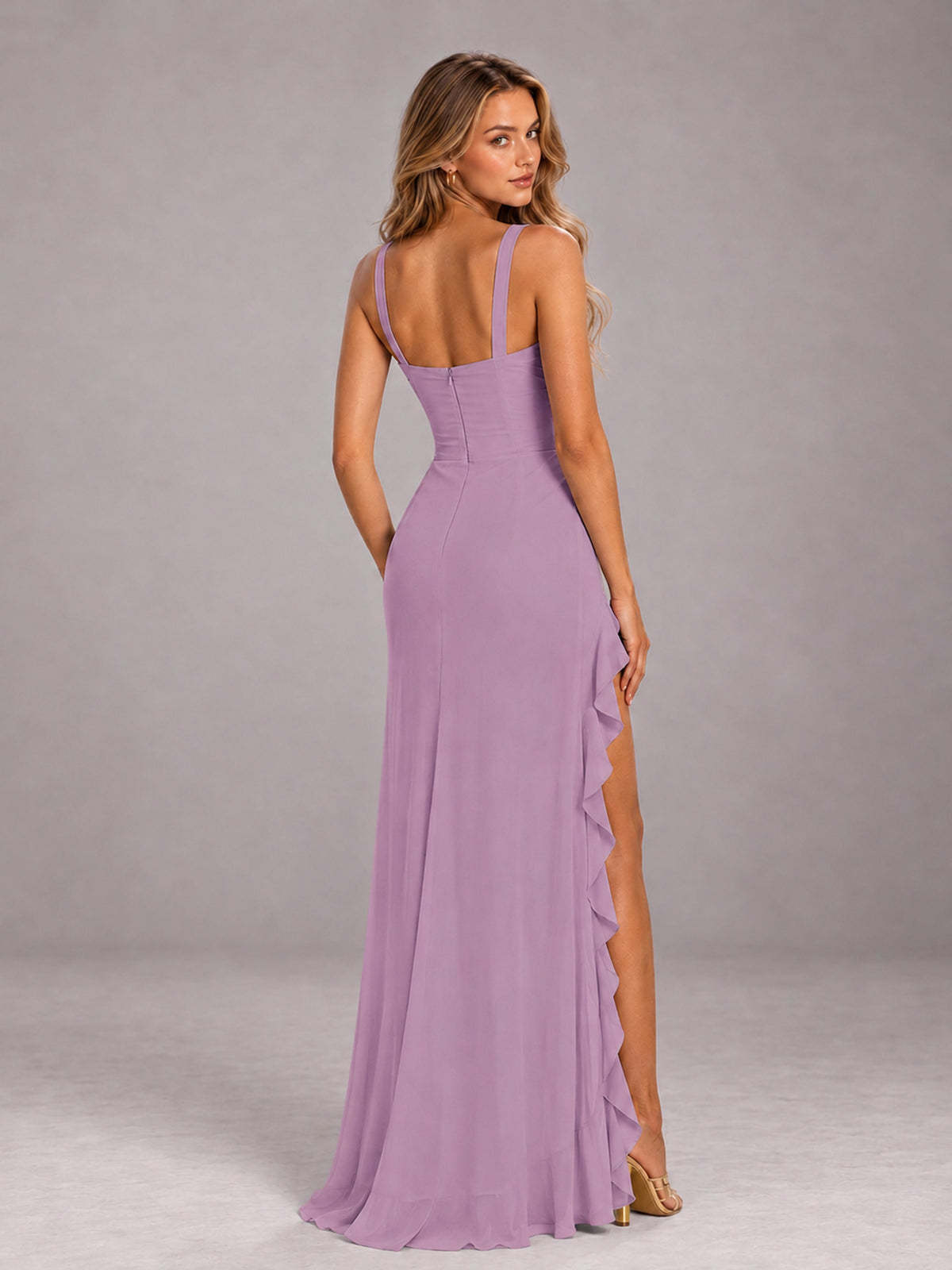 Dusty Purple Sheath Sleeveless Chiffon Long Bridesmaid Dress With Ruffles And Side Slit
