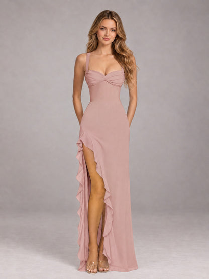 Dusty Rose Sheath Sleeveless Chiffon Long Bridesmaid Dress With Ruffles And Side Slit