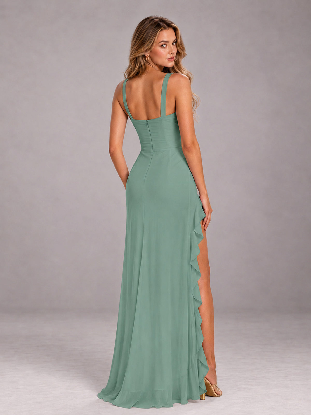 Eucalyptus Sheath Sleeveless Chiffon Long Bridesmaid Dress With Ruffles And Side Slit