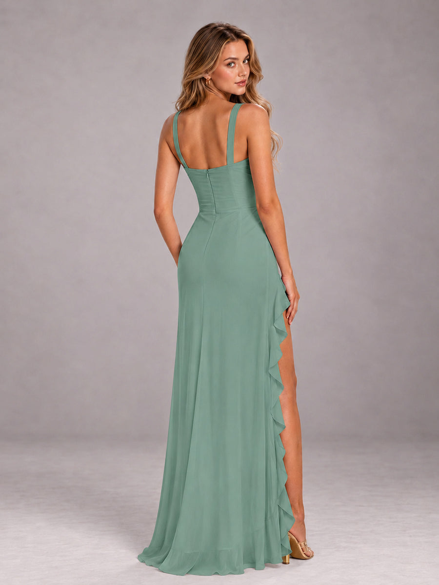 Eucalyptus Sheath Sleeveless Chiffon Long Bridesmaid Dress With Ruffles And Side Slit