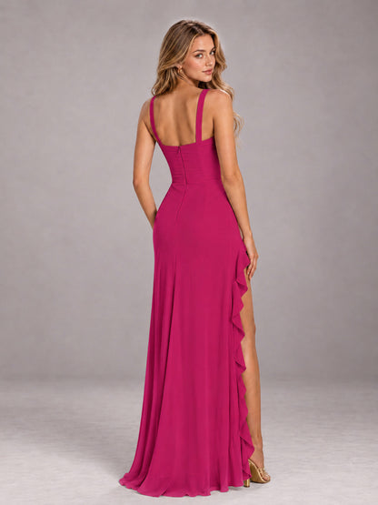 Fuchsia Sheath Sleeveless Chiffon Long Bridesmaid Dress With Ruffles And Side Slit