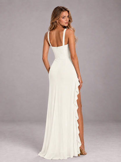 Ivory Sheath Sleeveless Chiffon Long Bridesmaid Dress With Ruffles And Side Slit