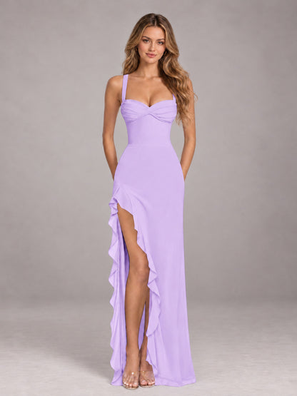 Lilac Sheath Sleeveless Chiffon Long Bridesmaid Dress With Ruffles And Side Slit