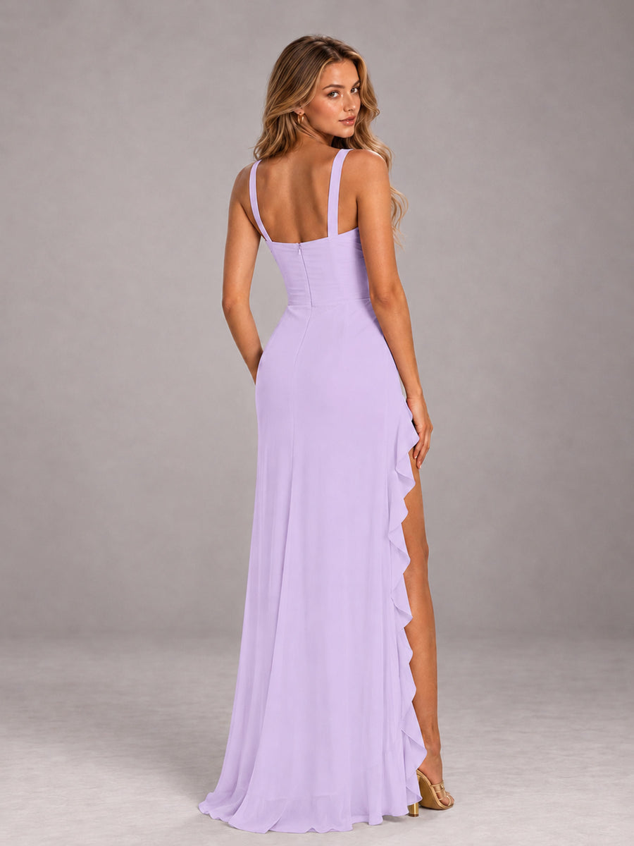Lilac Sheath Sleeveless Chiffon Long Bridesmaid Dress With Ruffles And Side Slit