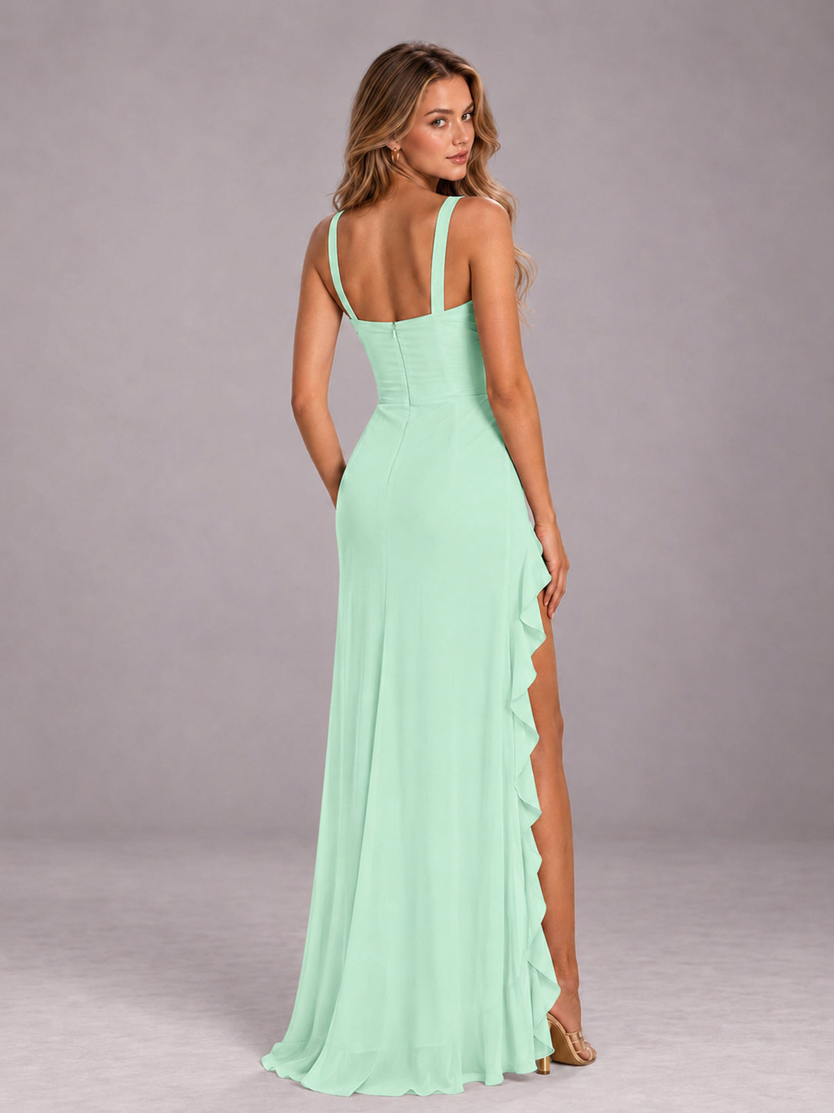 Mint Green Sheath Sleeveless Chiffon Long Bridesmaid Dress With Ruffles And Side Slit