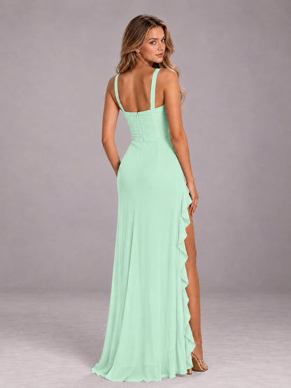 Mint Green Sheath Sleeveless Chiffon Long Bridesmaid Dress With Ruffles And Side Slit