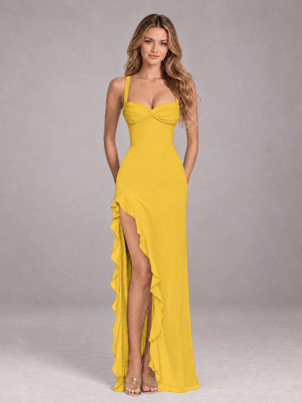 Mustard Yellow Sheath Sleeveless Chiffon Long Bridesmaid Dress With Ruffles And Side Slit