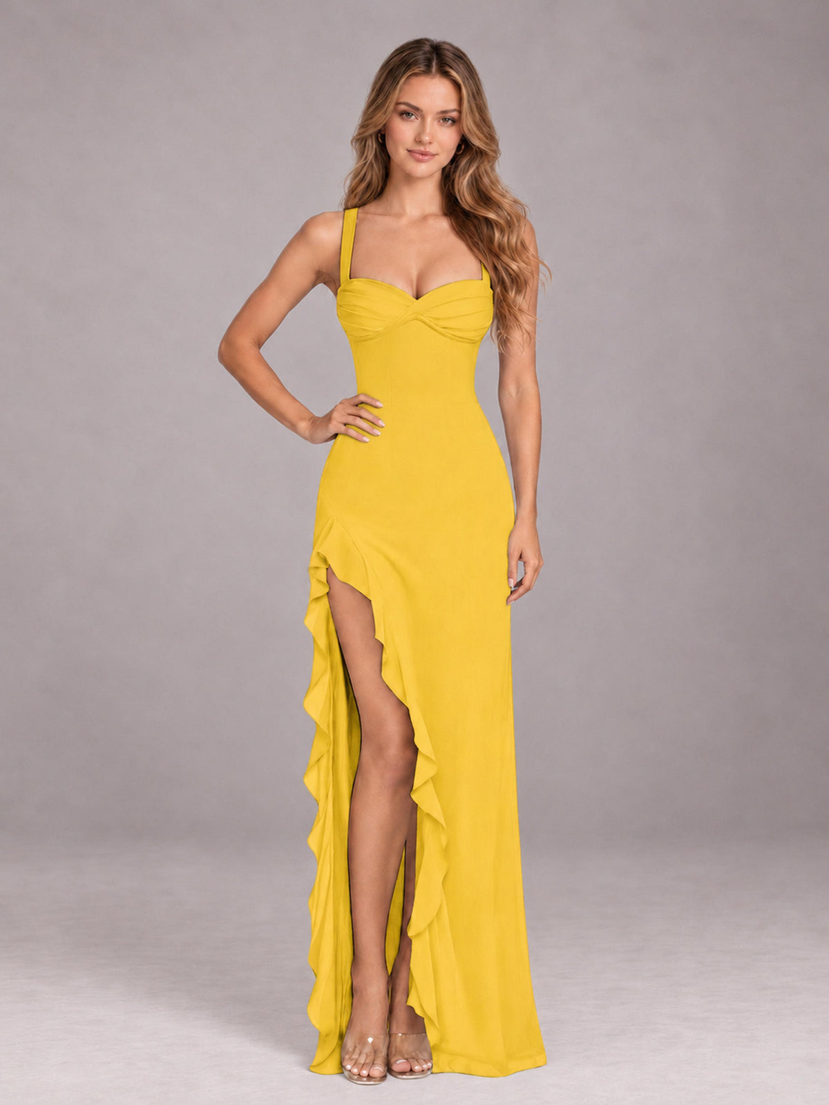 Mustard Yellow Sheath Sleeveless Chiffon Long Bridesmaid Dress With Ruffles And Side Slit