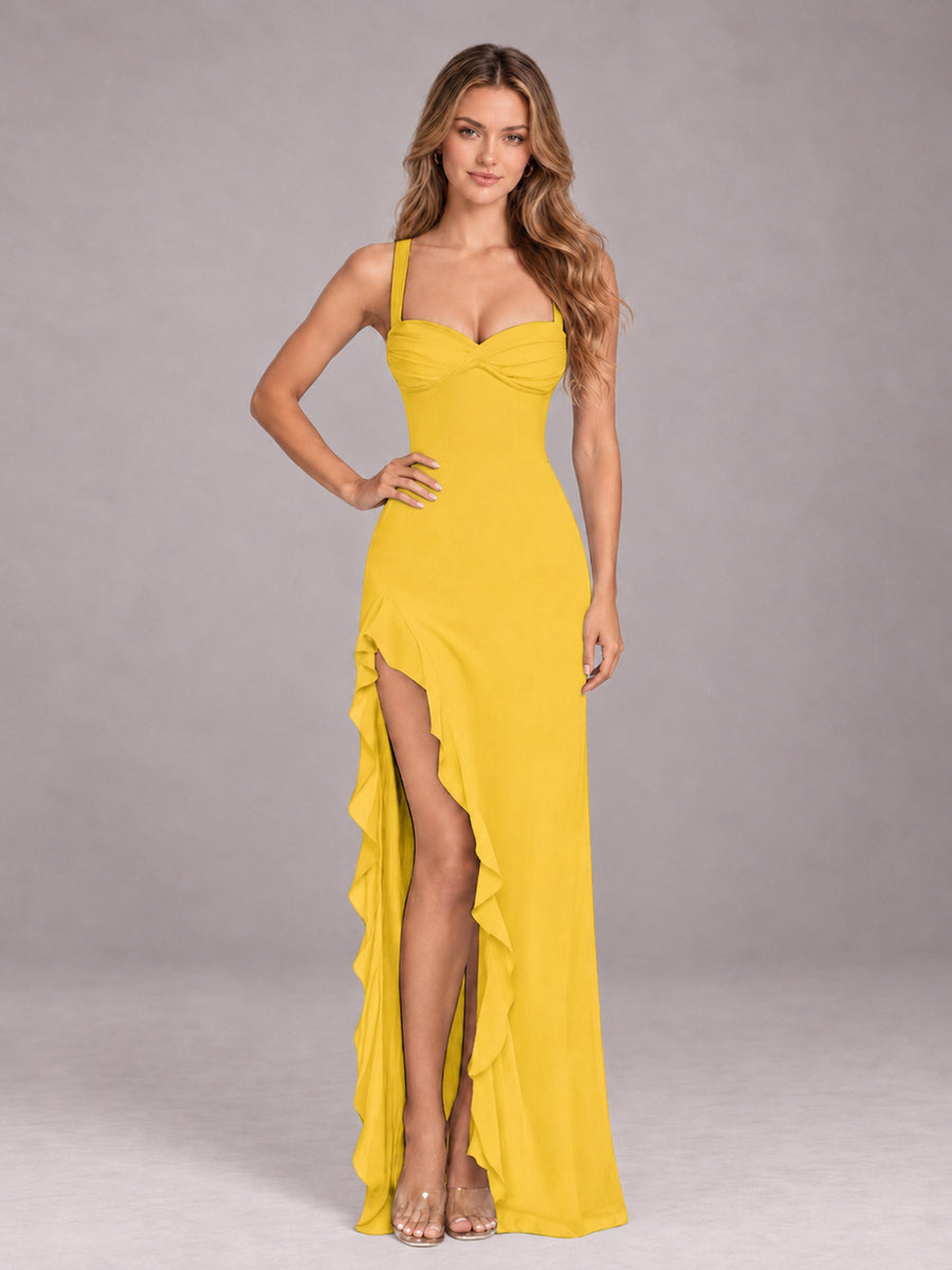 Mustard Yellow Sheath Sleeveless Chiffon Long Bridesmaid Dress With Ruffles And Side Slit