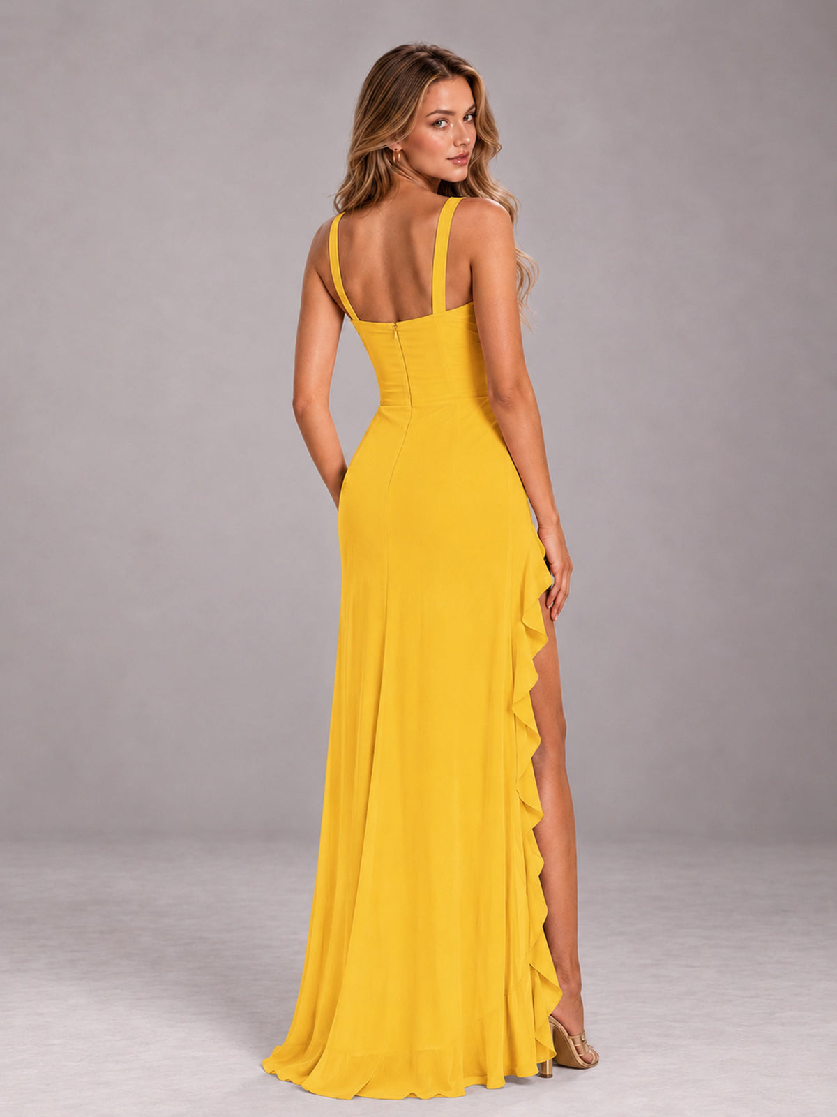 Mustard Yellow Sheath Sleeveless Chiffon Long Bridesmaid Dress With Ruffles And Side Slit
