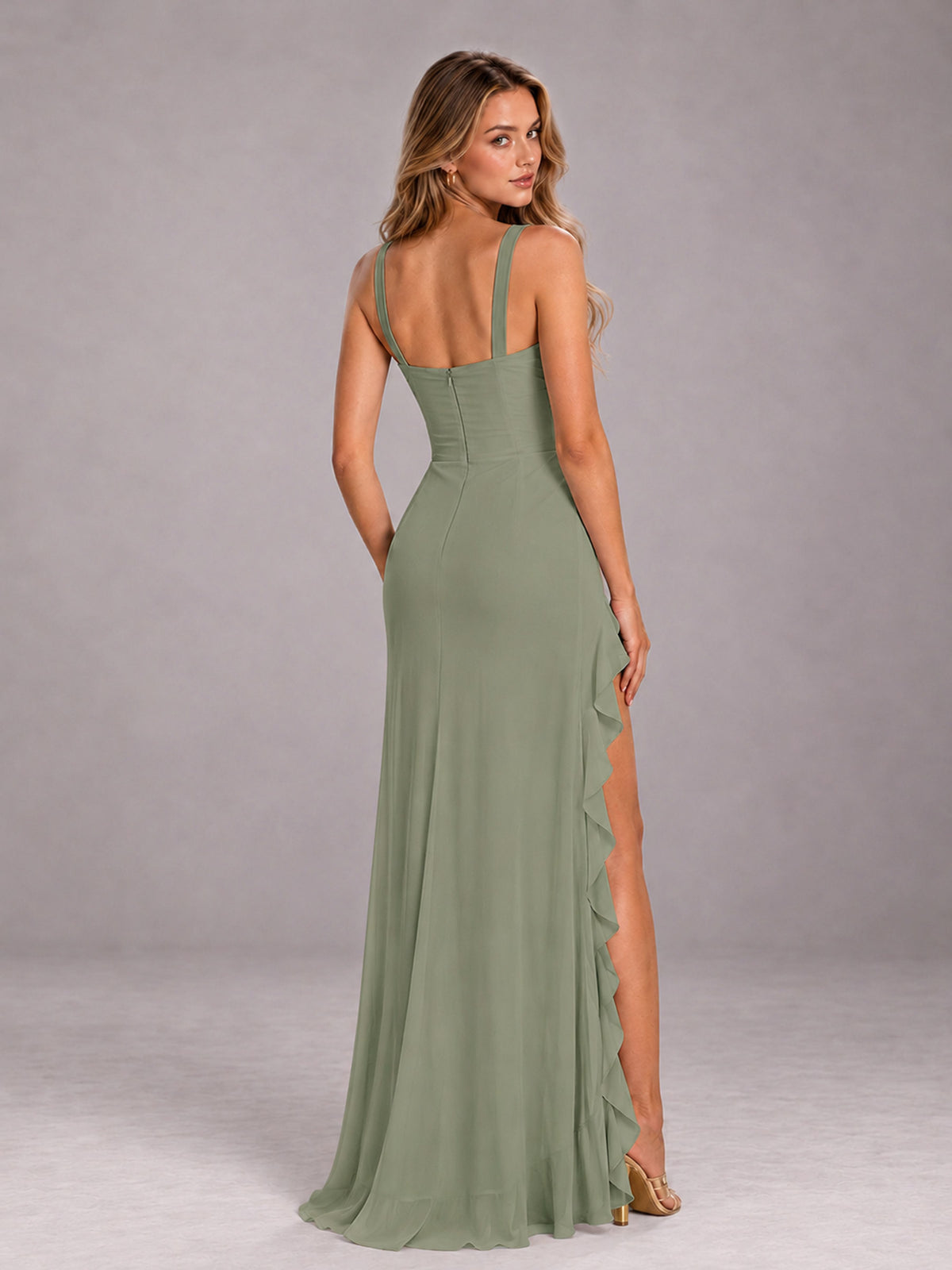 Olive Green Sheath Sleeveless Chiffon Long Bridesmaid Dress With Ruffles And Side Slit