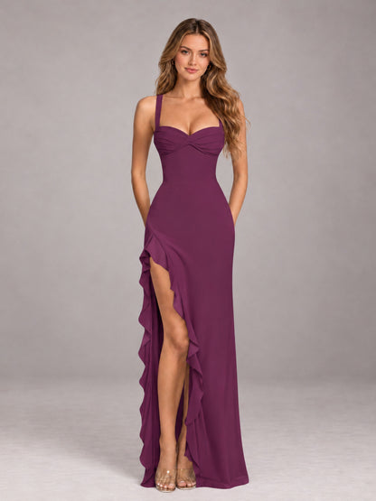 Plum Sheath Sleeveless Chiffon Long Bridesmaid Dress With Ruffles And Side Slit
