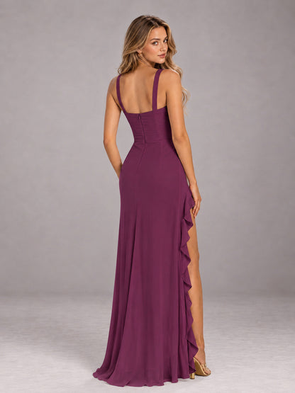 Plum Sheath Sleeveless Chiffon Long Bridesmaid Dress With Ruffles And Side Slit