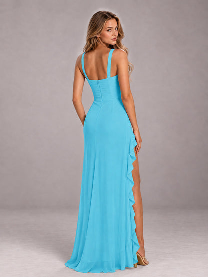 Pool Sheath Sleeveless Chiffon Long Bridesmaid Dress With Ruffles And Side Slit