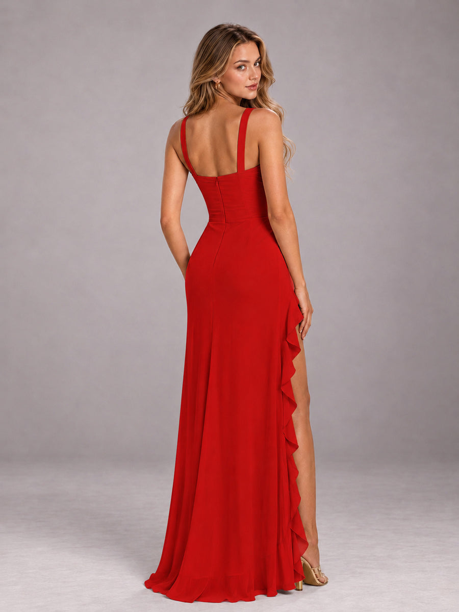 Red Sheath Sleeveless Chiffon Long Bridesmaid Dress With Ruffles And Side Slit