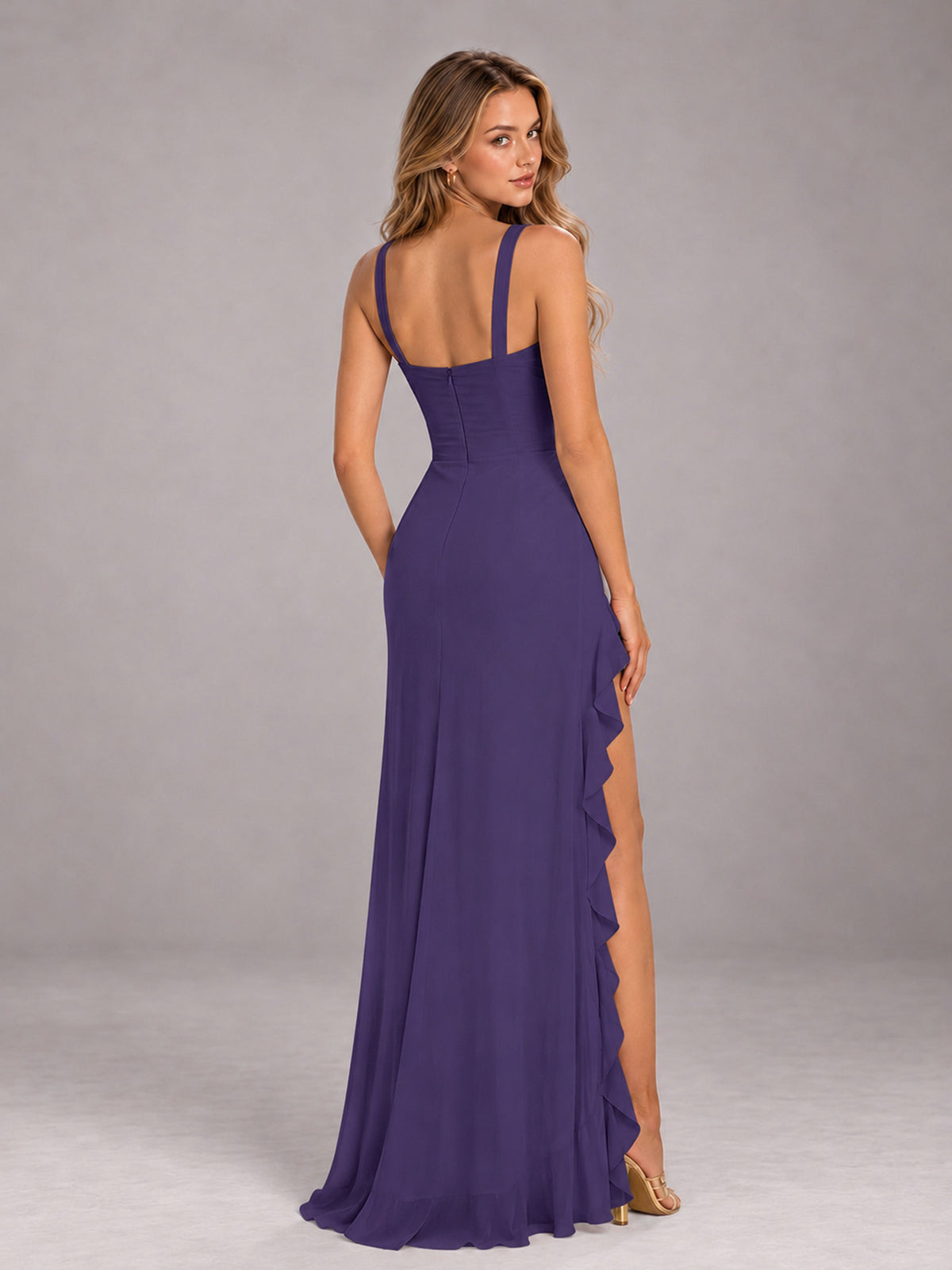 Regency Sheath Sleeveless Chiffon Long Bridesmaid Dress With Ruffles And Side Slit