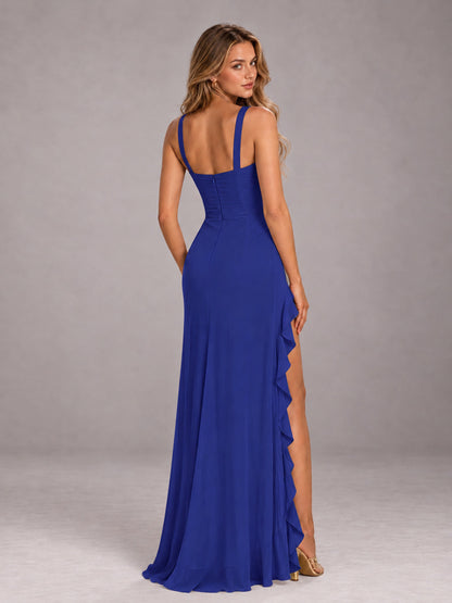 Royal Blue Sheath Sleeveless Chiffon Long Bridesmaid Dress With Ruffles And Side Slit
