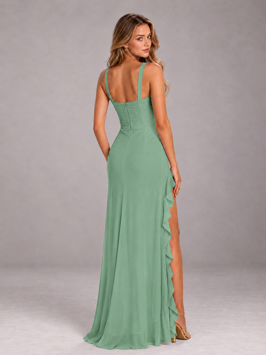 Sage Green Sheath Sleeveless Chiffon Long Bridesmaid Dress With Ruffles And Side Slit