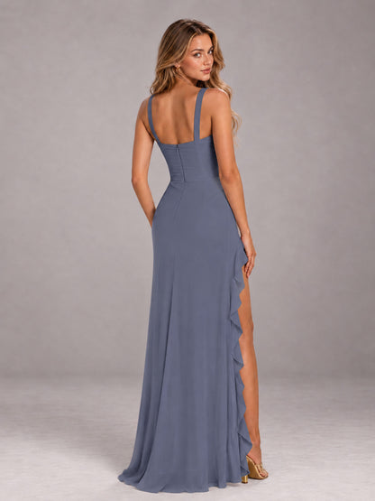 Stormy Blue Sheath Sleeveless Chiffon Long Bridesmaid Dress With Ruffles And Side Slit