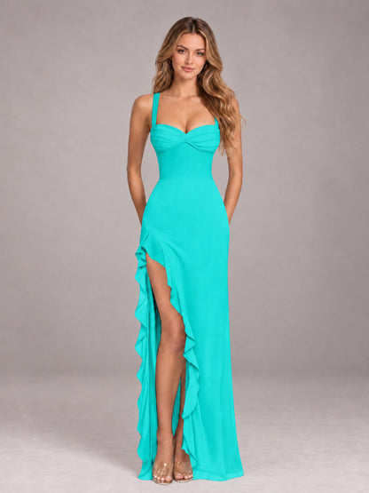 Turquoise Sheath Sleeveless Chiffon Long Bridesmaid Dress With Ruffles And Side Slit