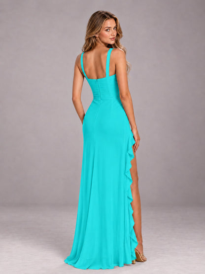 Turquoise Sheath Sleeveless Chiffon Long Bridesmaid Dress With Ruffles And Side Slit