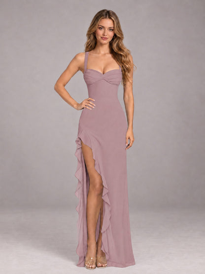 Vintage Mauve Sheath Sleeveless Chiffon Long Bridesmaid Dress With Ruffles And Side Slit
