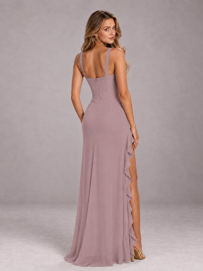 Vintage Mauve Sheath Sleeveless Chiffon Long Bridesmaid Dress With Ruffles And Side Slit