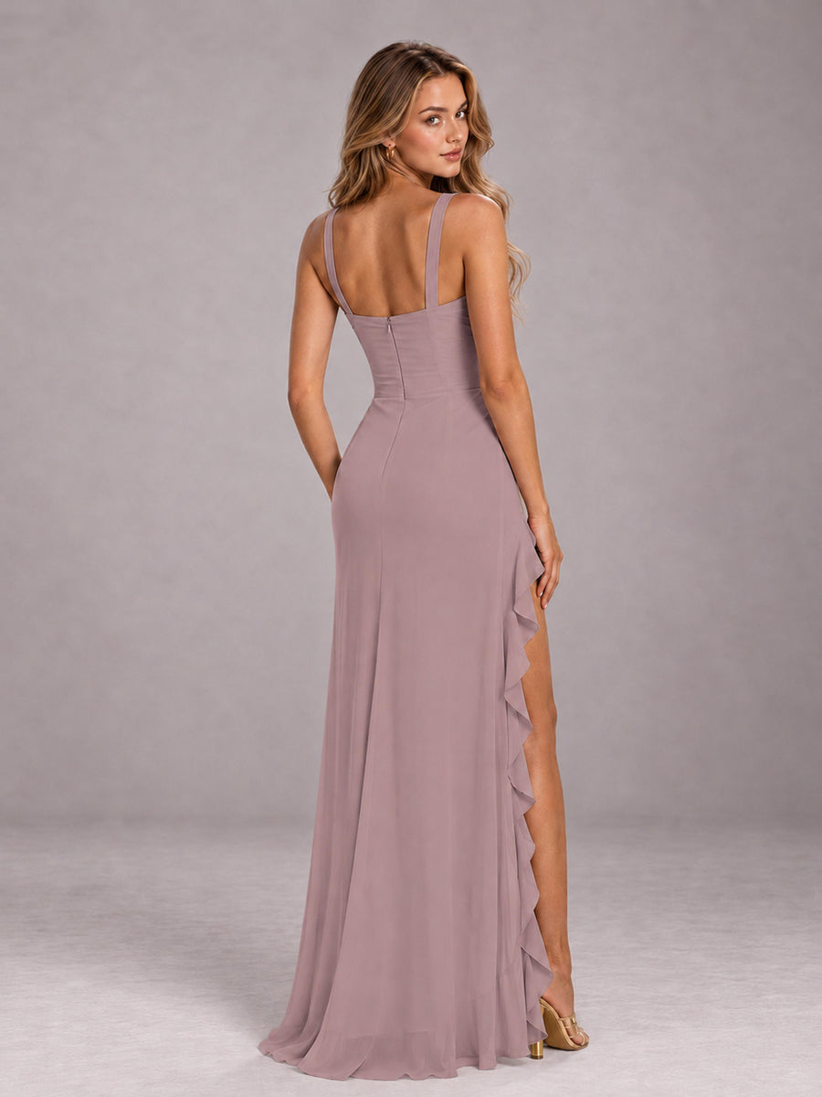 Vintage Mauve Sheath Sleeveless Chiffon Long Bridesmaid Dress With Ruffles And Side Slit