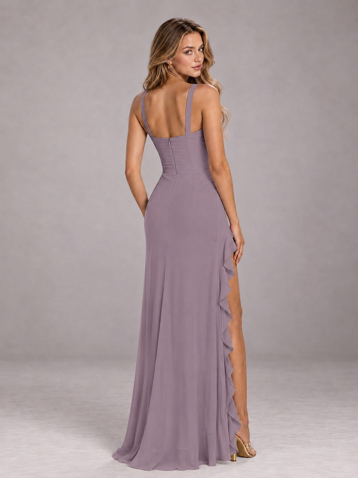 Wisteria Sheath Sleeveless Chiffon Long Bridesmaid Dress With Ruffles And Side Slit