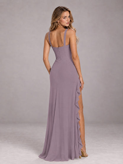 Wisteria Sheath Sleeveless Chiffon Long Bridesmaid Dress With Ruffles And Side Slit