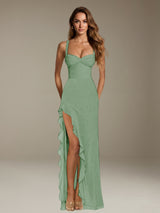 Free Shipping Sheath Sleeveless Chiffon Ruffles Long Prom Dress with Side Slit